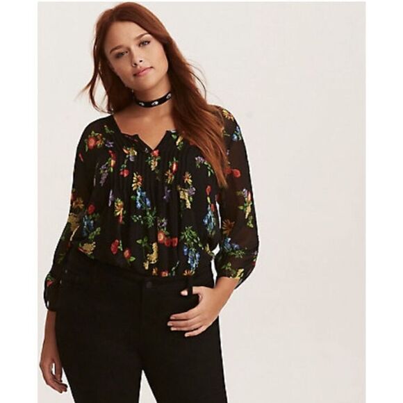 Torrid sheer floral black Long Tunic  harper button front top blouse short plus - Picture 2 of 7